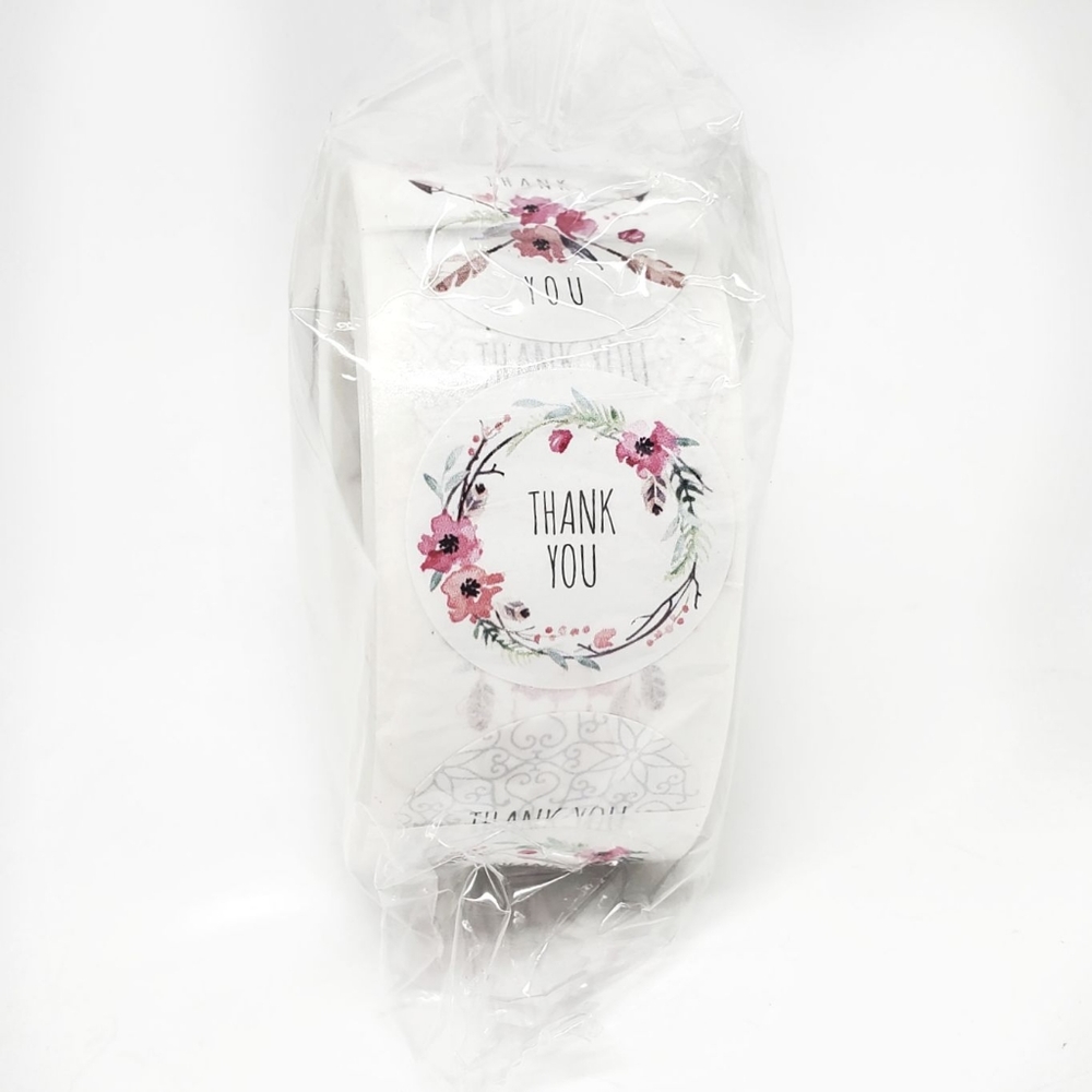 Floral Themed 1 inch Thank You Sticker Roll - 500 stickers - 6 different designs